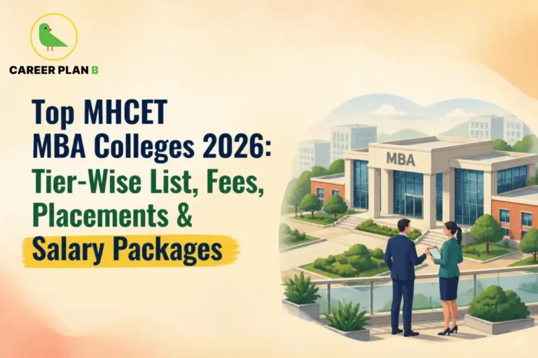 Career Plan B infographic showcasing the top MHCET MBA colleges 2026 with a tier-wise list, fees, placements, and salary packages.