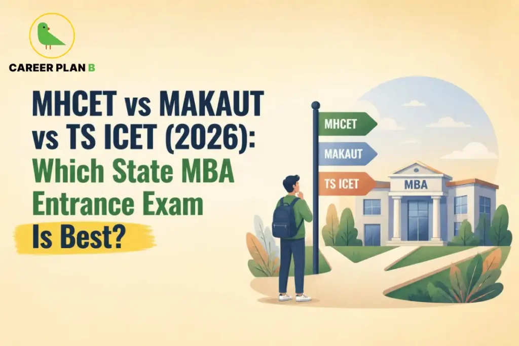 Career Plan B infographic comparing MHCET, MAKAUT JEMAT, and TS ICET 2026 to help MBA aspirants choose the best state MBA entrance exam.