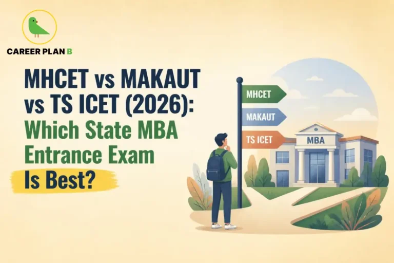 Career Plan B infographic comparing MHCET, MAKAUT JEMAT, and TS ICET 2026 to help MBA aspirants choose the best state MBA entrance exam.