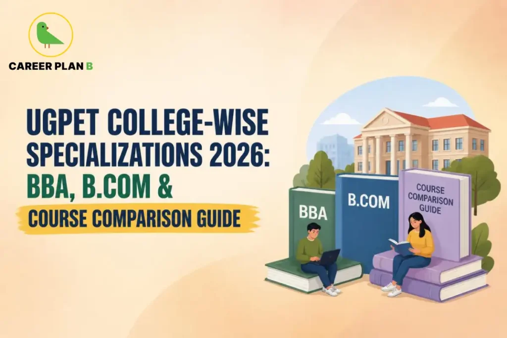 Career Plan B infographic showing UGPET college-wise BBA and B.Com specializations with a course comparison guide for undergraduate admissions.