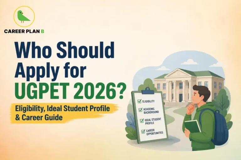 Career Plan B infographic explaining who should apply for UGPET 2026, including eligibility criteria, ideal student profile, academic background, and career opportunities.