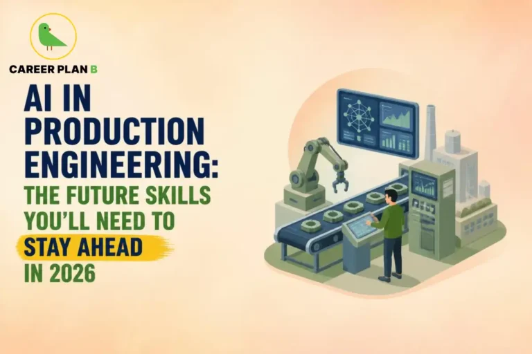 AI in production engineering showing smart factory automation, robotic arms, predictive analytics, and future engineering skills required in 2026.
