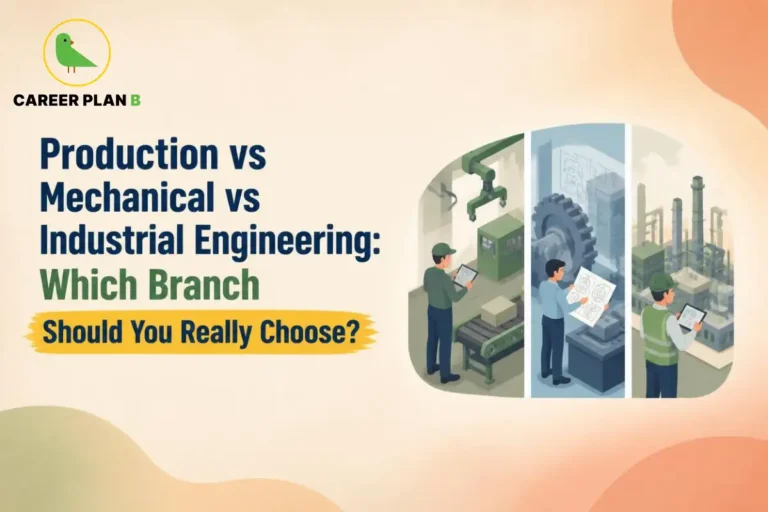Production vs Mechanical vs Industrial Engineering comparison showing engineers working in manufacturing, mechanical design, and industrial operations.