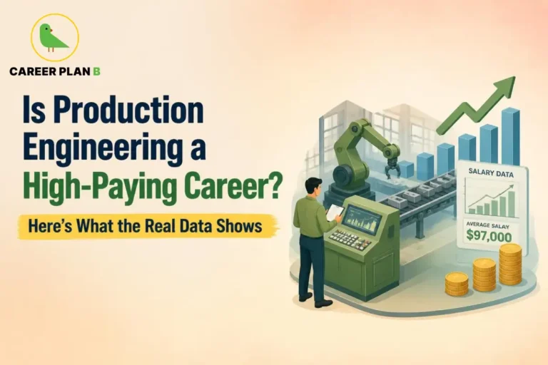 Production engineering salary illustration showing factory automation, robotics, salary growth chart, and career opportunities in manufacturing.