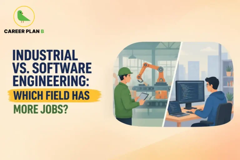 Industrial vs Software Engineering comparison showing an industrial engineer in a smart factory and a software engineer programming at a computer.