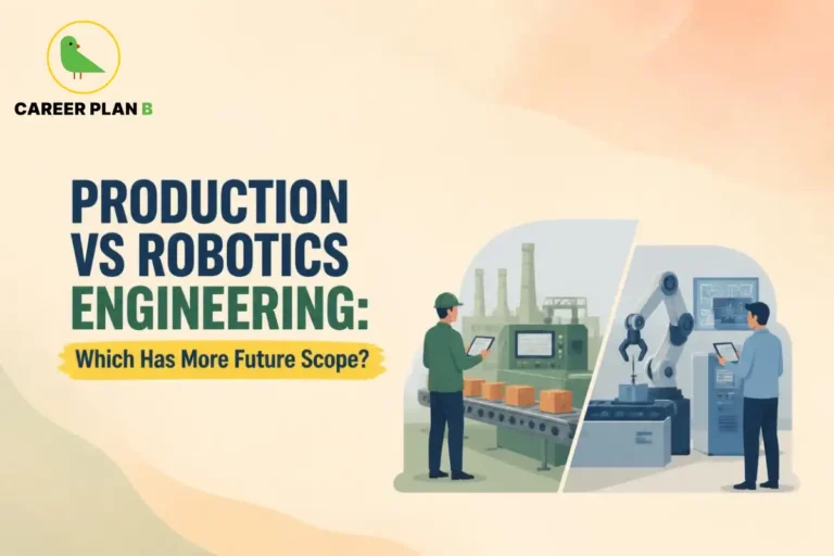 Production vs Robotics Engineering comparison showing a production engineer managing a manufacturing line and a robotics engineer operating an industrial robot.