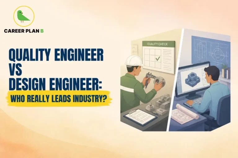 Quality Engineer vs Design Engineer comparison showing quality inspection of a machined component and CAD-based product design.