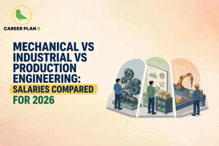 Mechanical vs Industrial vs Production Engineering salary comparison showing engineers working in design, manufacturing, and automated production environments.