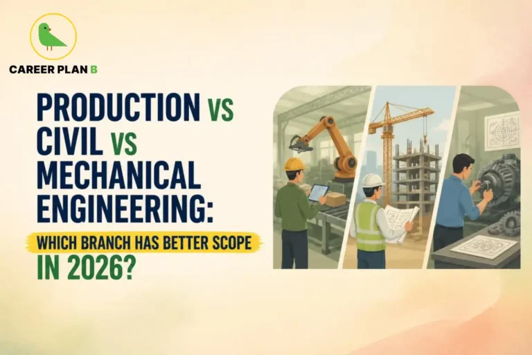 Production vs Civil vs Mechanical Engineering comparison showing engineers working in manufacturing, construction, and mechanical design environments.