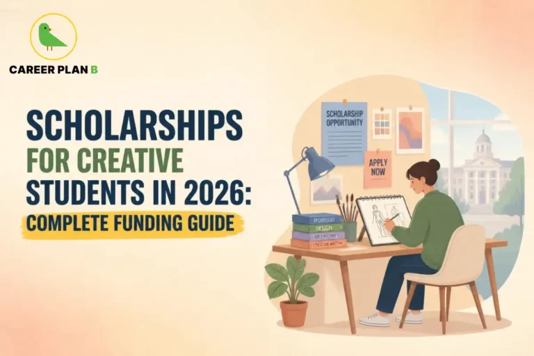 Student sketching at a desk with scholarship posters, highlighting scholarships for creative students guide.