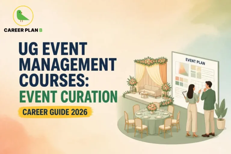 Event planners reviewing an event plan board beside a decorated stage setup, highlighting UG event management courses.