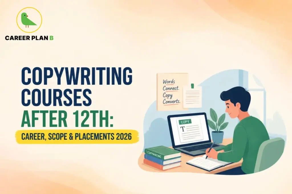 Student taking notes at a desk while studying copywriting courses on a laptop with a stack of textbooks nearby.