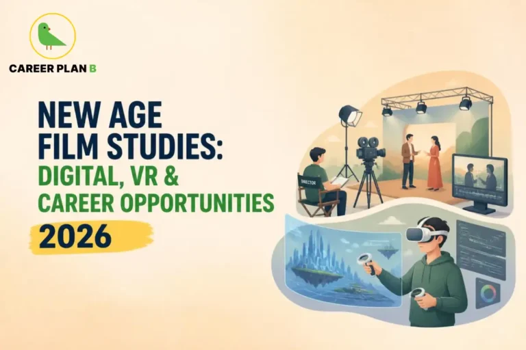 Graphic for a new age film studies course featuring digital film production on set and a person using a VR headset.
