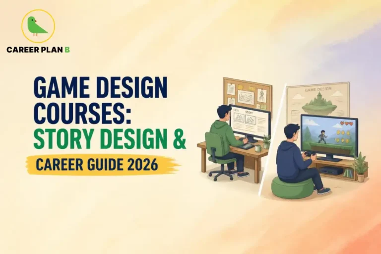Banner for game design courses depicting a designer working on storyboards and a player testing a video game.