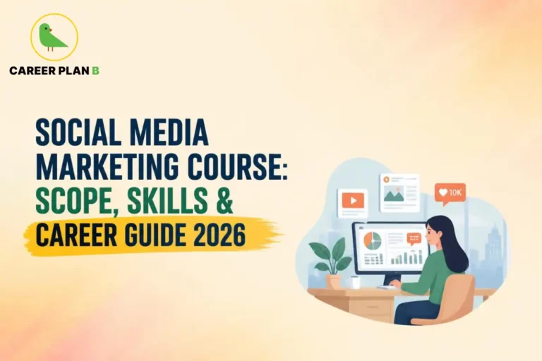 Banner for a social media marketing course illustrating a professional analyzing digital content performance and analytics on a desktop screen.