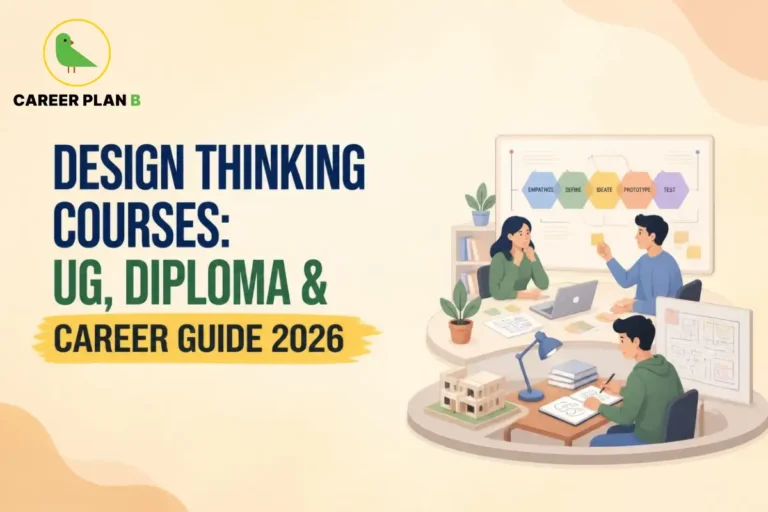 Banner for design thinking courses showing a team collaborating in front of a framework diagram and a designer drafting at a desk.