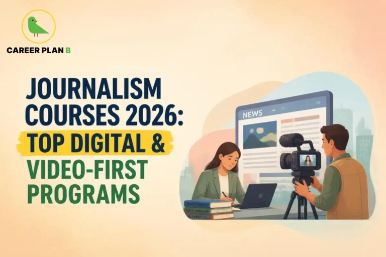 Banner for journalism courses showing a journalist being filmed on camera alongside digital news media graphics.