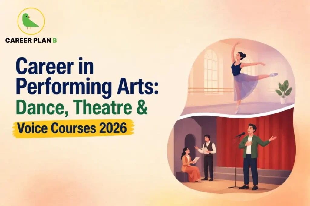 Banner for performing arts courses depicting a ballet dancer, actors rehearsing on stage, and a vocalist singing at a microphone.