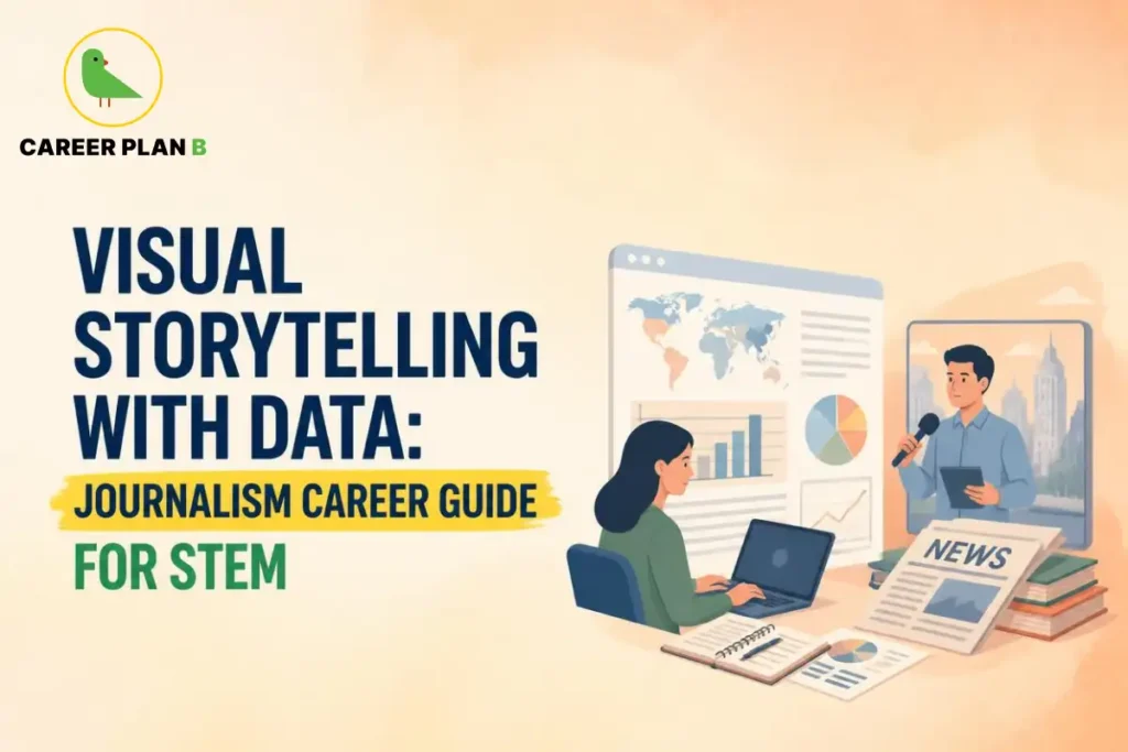 Graphic for a data storytelling journalism guide showing a professional analyzing charts, graphs, and news media on a laptop.