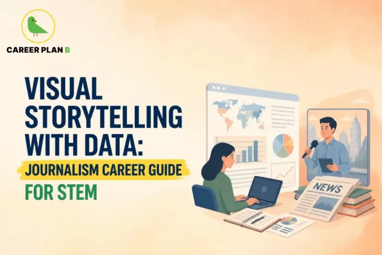 Graphic for a data storytelling journalism guide showing a professional analyzing charts, graphs, and news media on a laptop.