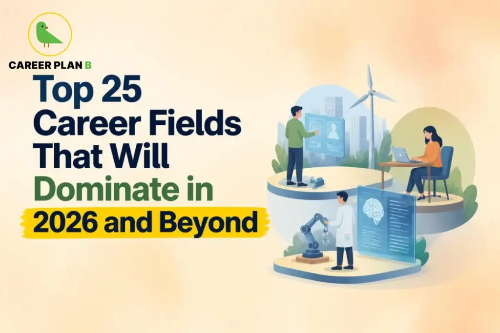 Career Plan B graphic featuring the Top 25 Career Fields for 2026 and beyond, with technology and professional illustrations.