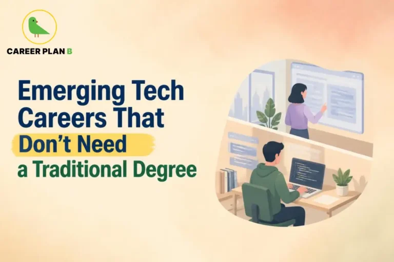 Career Plan B graphic featuring emerging tech careers that do not require a traditional degree, with coding and digital work illustrations.