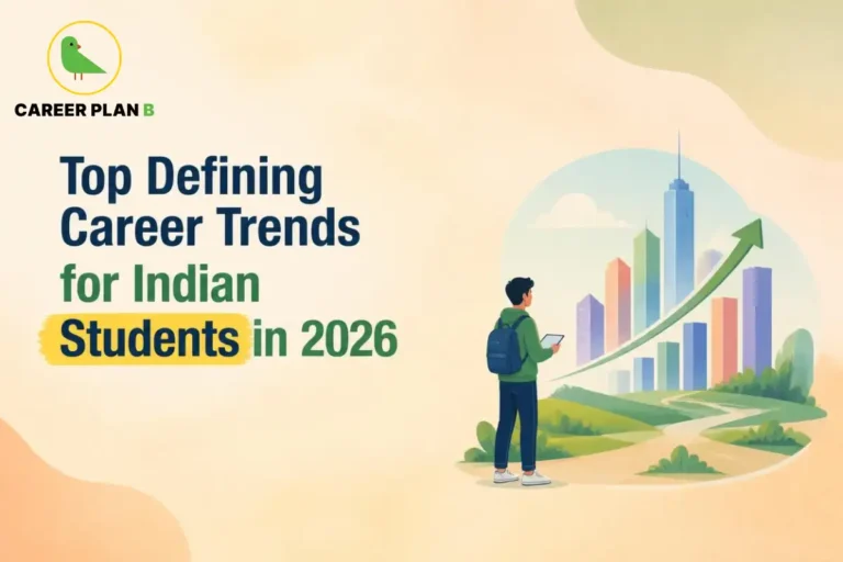 Career Plan B graphic showing top defining career trends for Indian students in 2026 with growth charts and career path imagery.