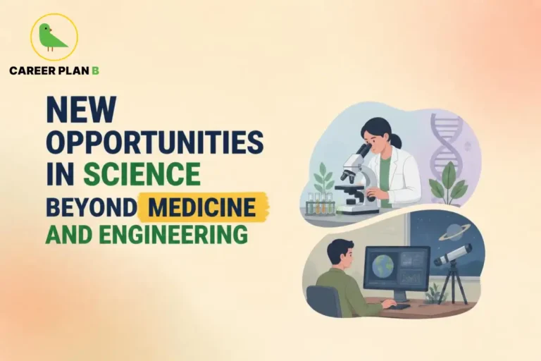 Career Plan B graphic showing new opportunities in science beyond medicine and engineering, with biotechnology and astronomy illustrations.