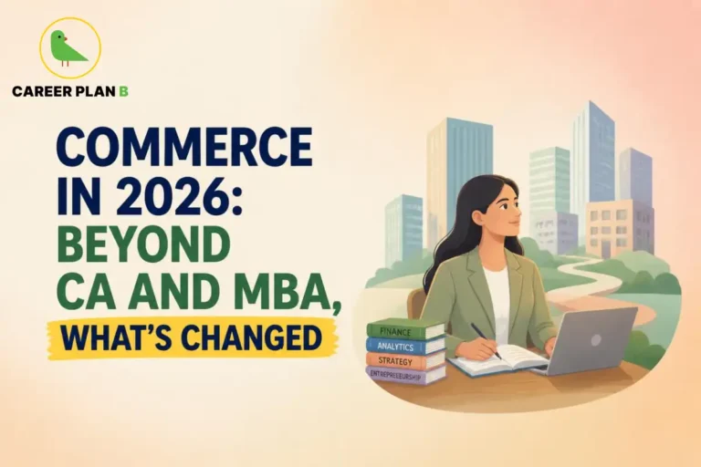 Career Plan B graphic showing Commerce in 2026, highlighting careers beyond CA and MBA with finance and analytics themes.