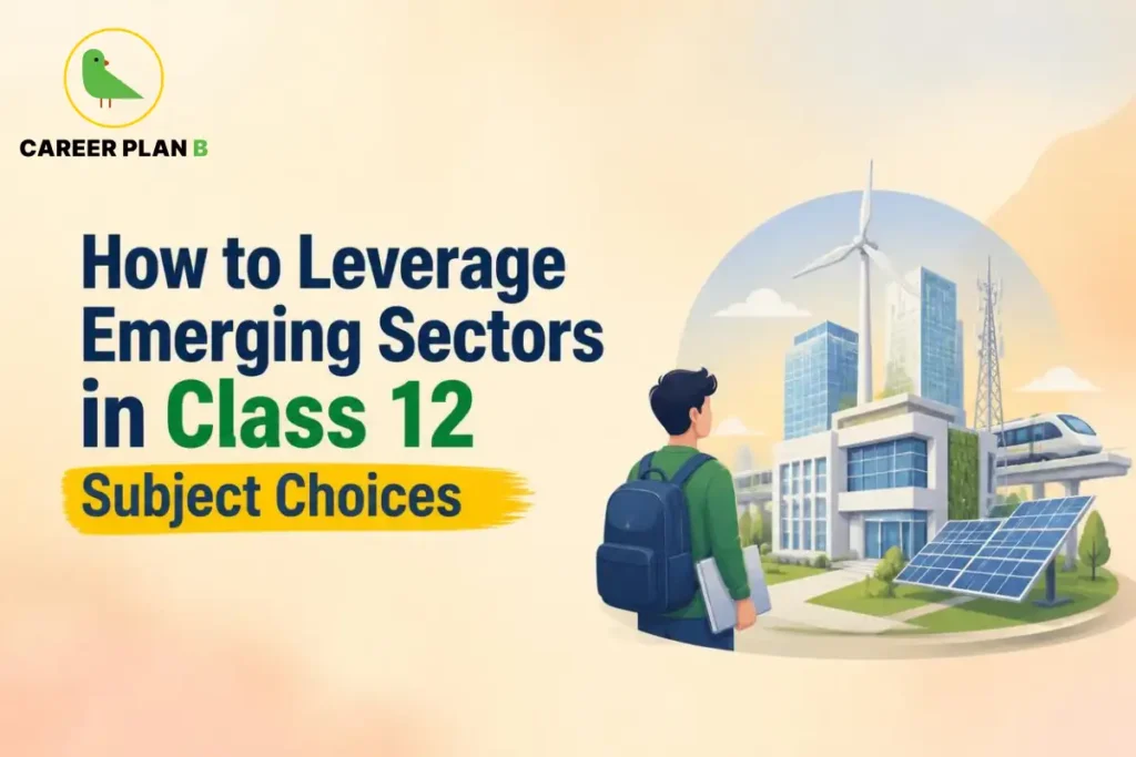 Career Plan B graphic showing how to leverage emerging sectors through Class 12 subject choices, with renewable energy and technology illustrations.