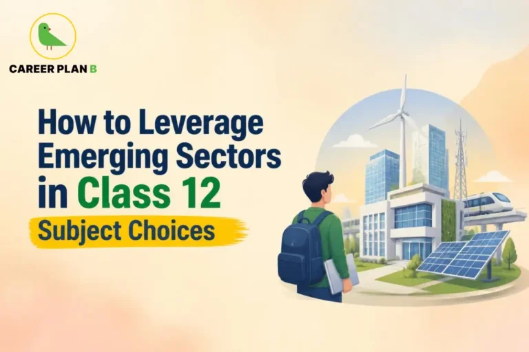 Career Plan B graphic showing how to leverage emerging sectors through Class 12 subject choices, with renewable energy and technology illustrations.