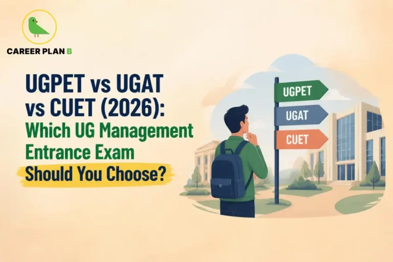 Illustration of student facing UGPET, UGAT, and CUET signpost near campus with Career Plan B logo.