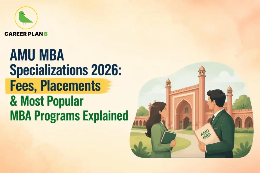 Two students stand before an AMU campus illustration with Career Plan B logo and MBA program headline.