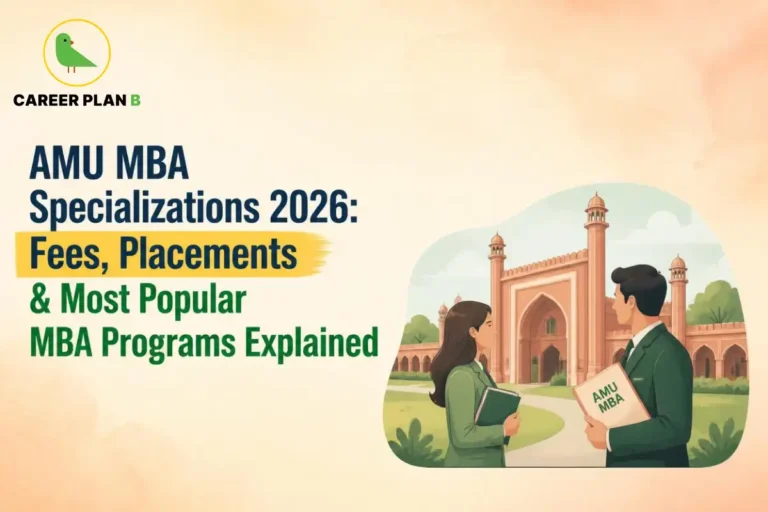 Two students stand before an AMU campus illustration with Career Plan B logo and MBA program headline.