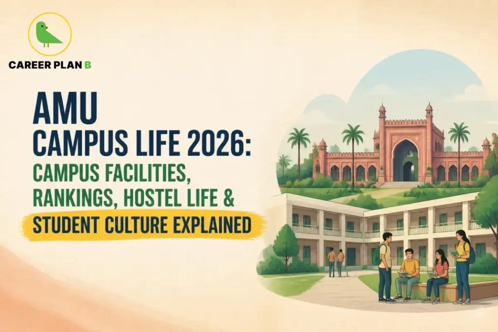 Students gather outside AMU campus buildings with Career Plan B logo promoting campus life and hostel facilities.