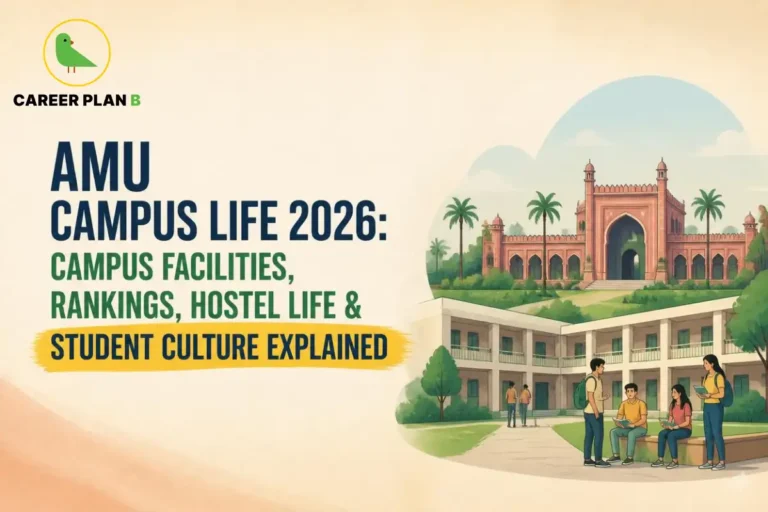 Students gather outside AMU campus buildings with Career Plan B logo promoting campus life and hostel facilities.
