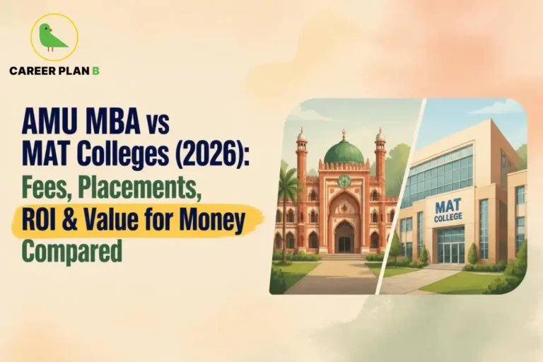 Comparison graphic showing AMU campus and MAT college buildings with Career Plan B logo for MBA comparison.