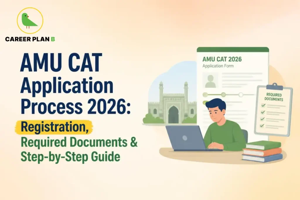 Student completes AMU CAT 2026 application online with Career Plan B logo and required documents checklist.