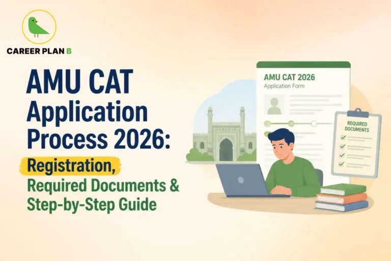 Student completes AMU CAT 2026 application online with Career Plan B logo and required documents checklist.