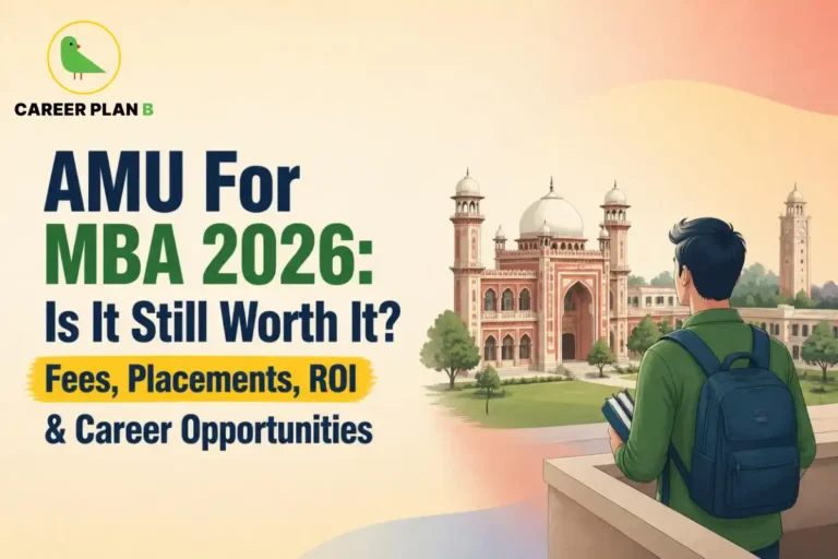 Student overlooks AMU campus with Career Plan B logo highlighting MBA fees, placements, ROI, and career opportunities.