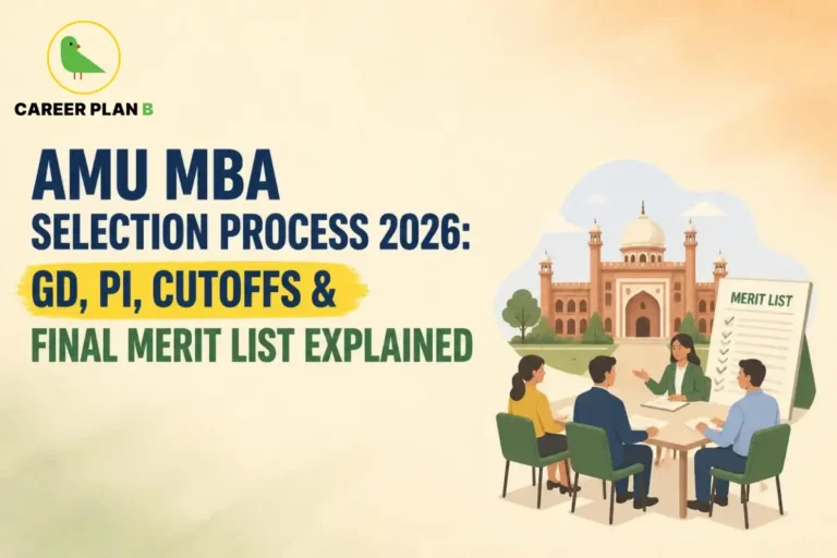 MBA candidates attend a selection interview beside AMU campus with Career Plan B logo and merit list.