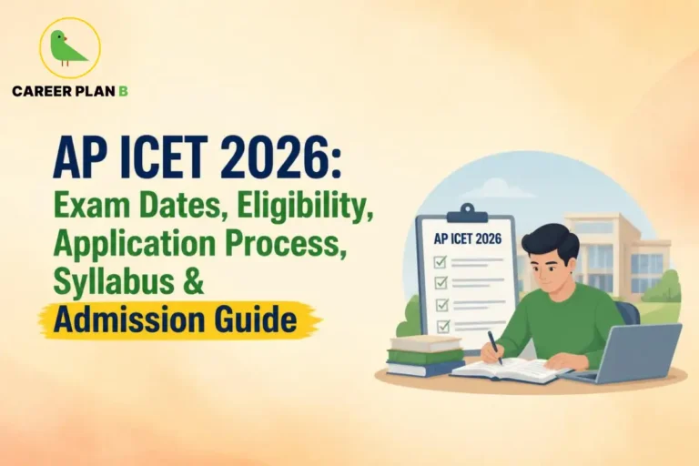 Student completes AP ICET 2026 application beside checklist with Career Plan B logo and laptop.