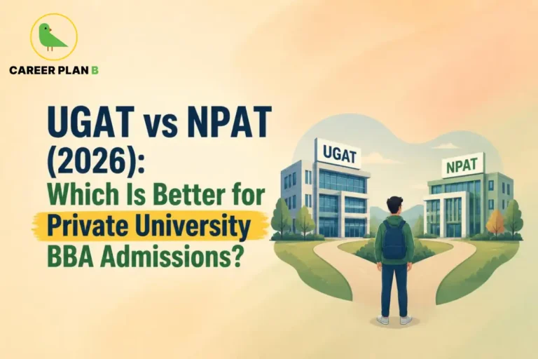 Student compares UGAT and NPAT campuses with Career Plan B logo for private university BBA admissions.