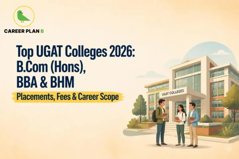 Three students standing outside a UGAT college campus with Career Plan B logo, highlighting placements, fees, and career opportunities.