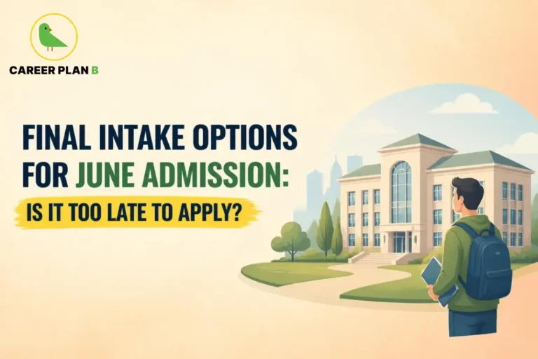 Student faces a college campus illustration with Career Plan B logo highlighting June admission application deadline.