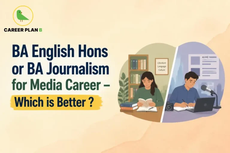 Student reading books and journalism student recording news with Career Plan B logo comparing media career degrees.