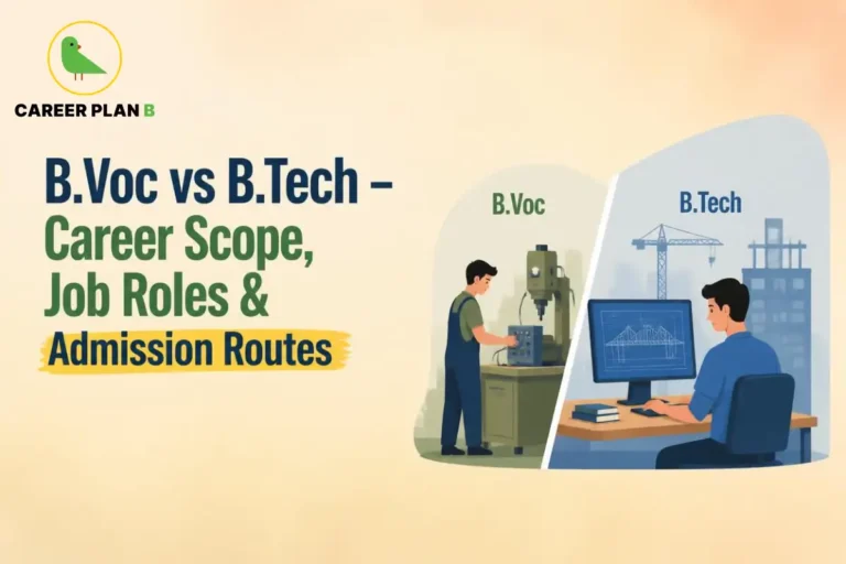 B.Voc and B.Tech students performing practical and engineering work with Career Plan B logo comparison.