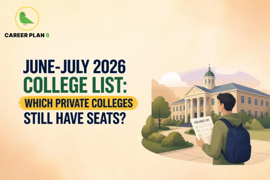 Student holds a college list outside a university with Career Plan B logo highlighting private college admissions.