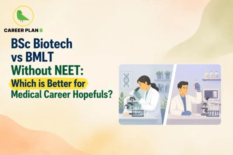 Two laboratory students perform biotechnology and medical lab testing with Career Plan B logo comparison.