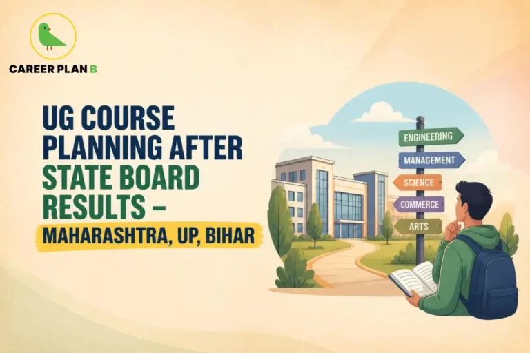 Student reviews undergraduate course options outside a campus with Career Plan B logo after state board results.